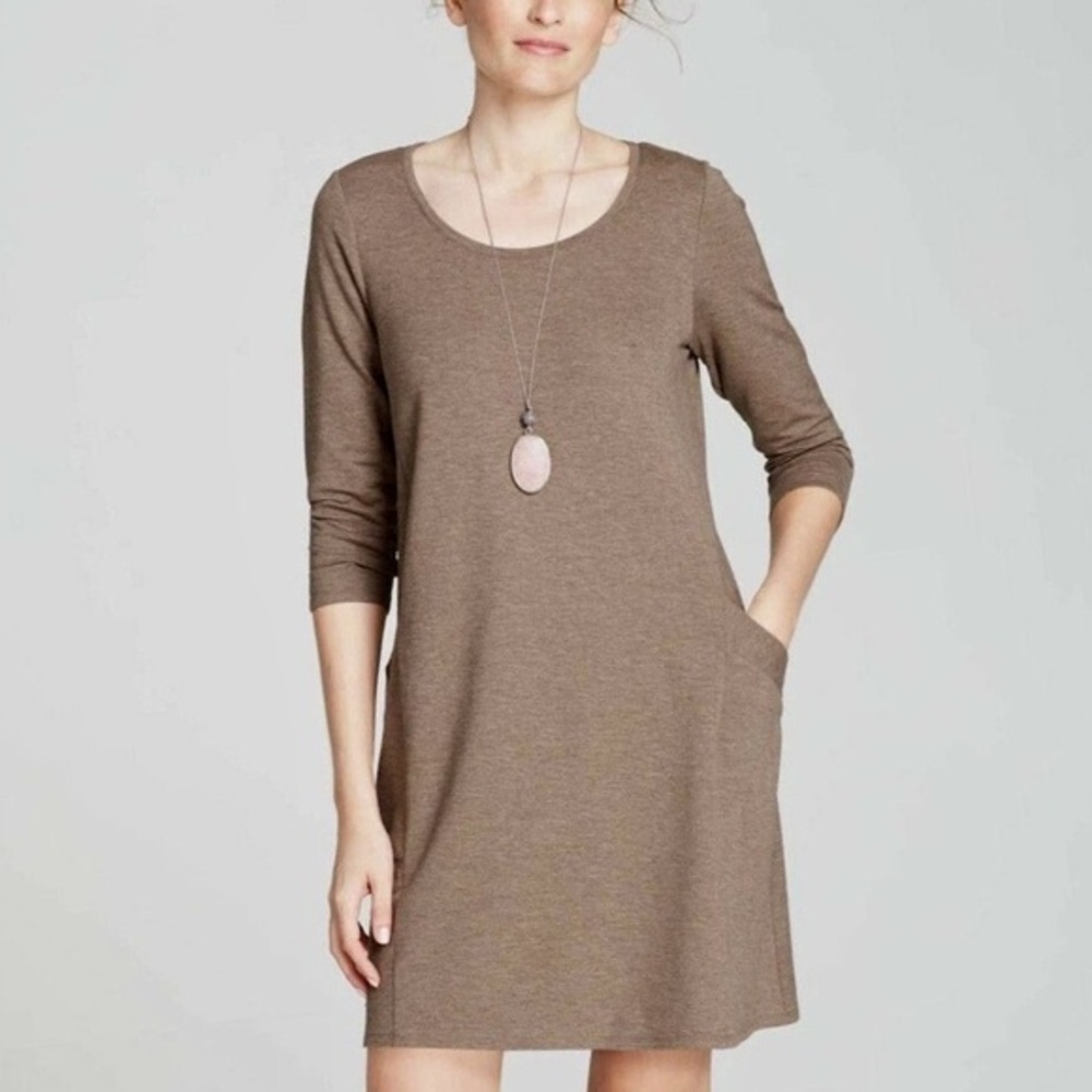 Pure Jill Organic Cotton Jersey Shift Dress Brown XL Pockets 3/4 Sleeve
